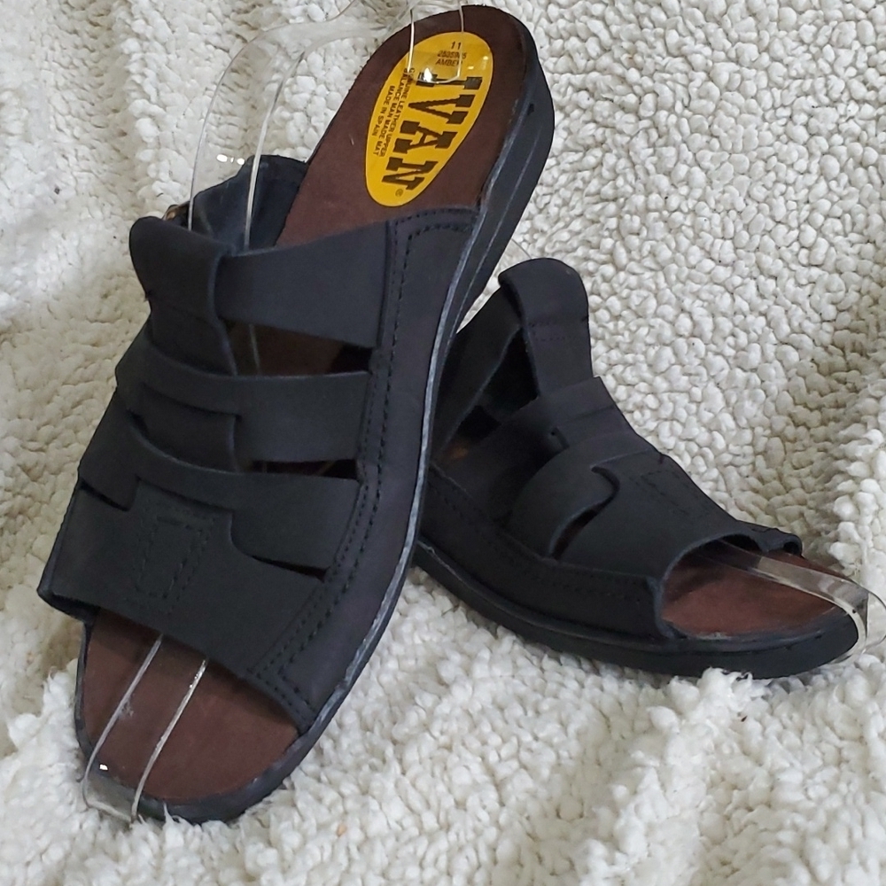 Ivan black leather made in Spain amber buckle sandals